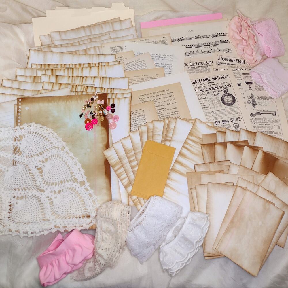 Tea Dyed Pink Junk Journal Bundle, Craft Supply Pack, Paper Crafting Kit